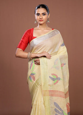 Yellow Linen Silk Saree With Blouse Piece