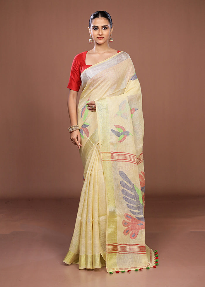 Yellow Linen Silk Saree With Blouse Piece