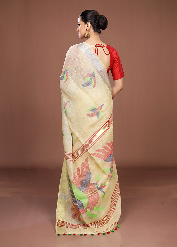 Yellow Linen Silk Saree With Blouse Piece