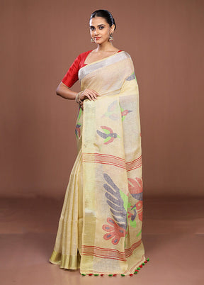 Yellow Linen Silk Saree With Blouse Piece