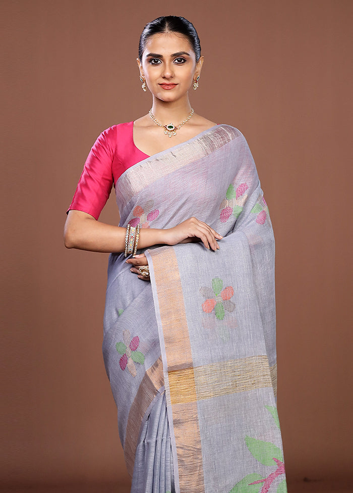 Grey Linen Silk Saree With Blouse Piece