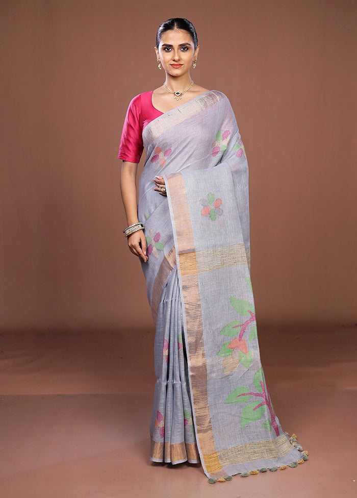 Grey Linen Silk Saree With Blouse Piece