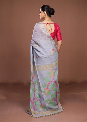 Grey Linen Silk Saree With Blouse Piece