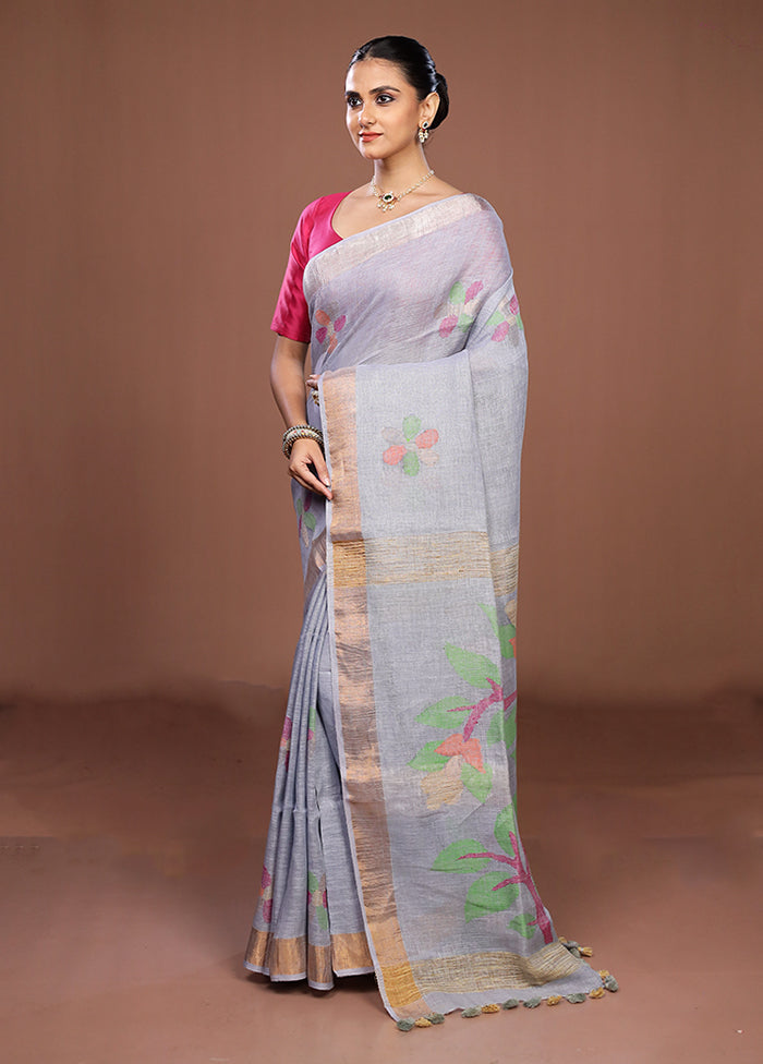 Grey Linen Silk Saree With Blouse Piece
