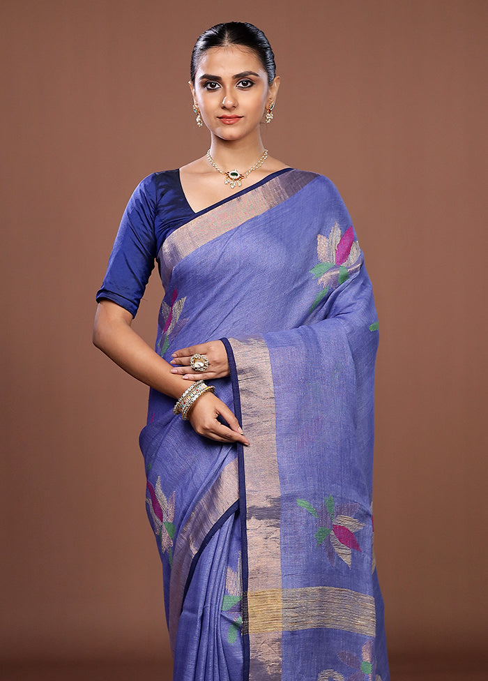 Blue Linen Silk Saree With Blouse Piece