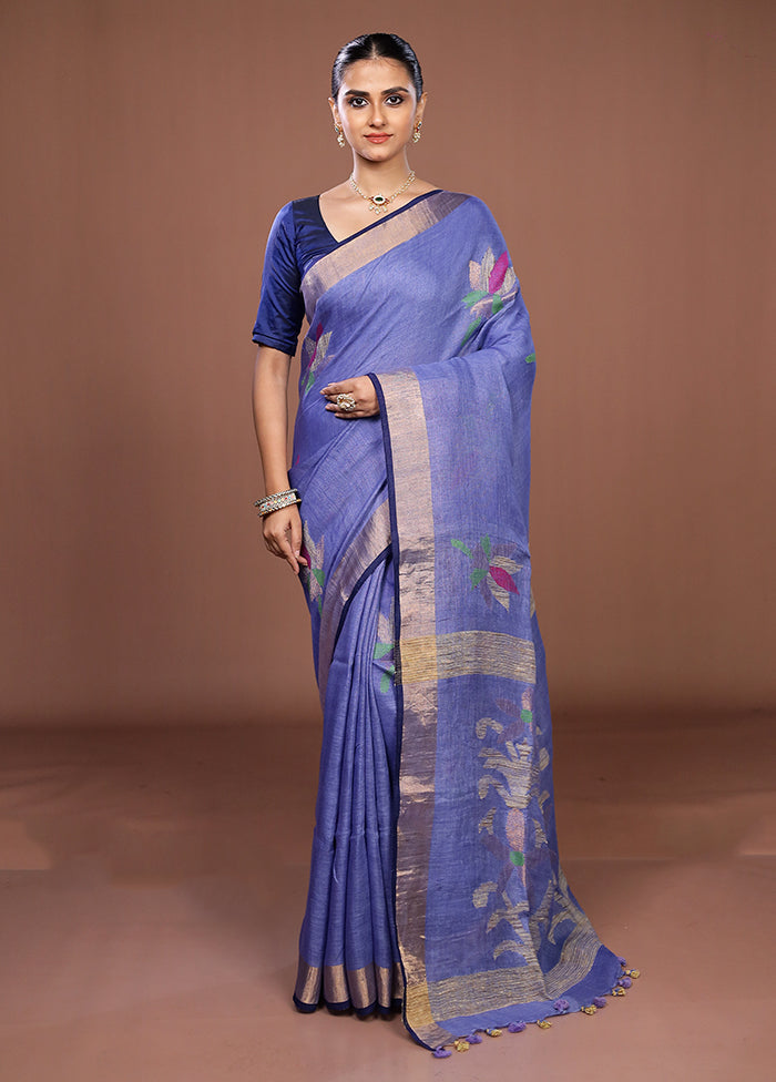 Blue Linen Silk Saree With Blouse Piece