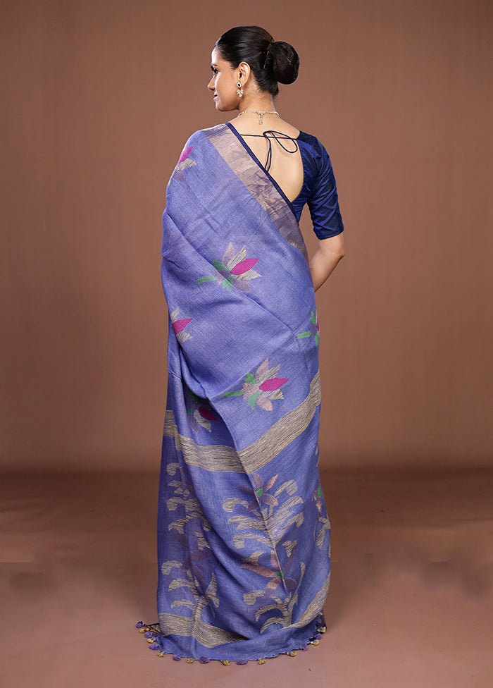 Blue Linen Silk Saree With Blouse Piece