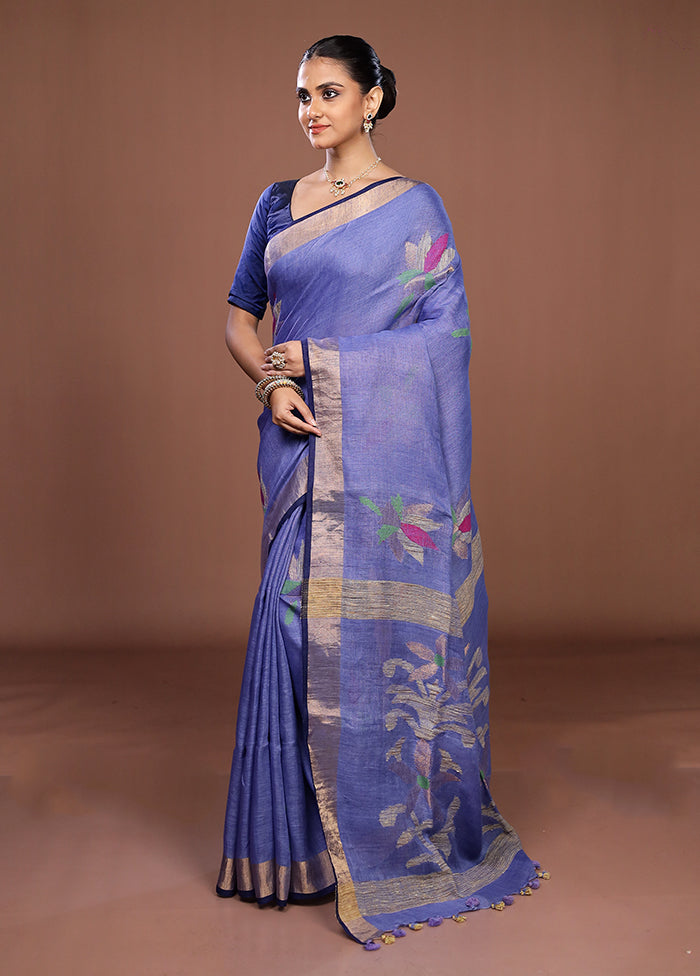 Blue Linen Silk Saree With Blouse Piece