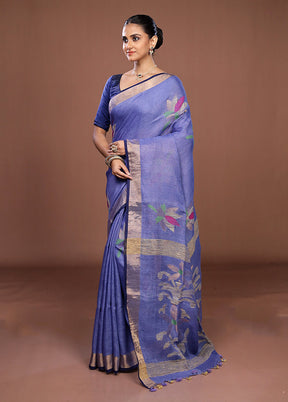 Blue Linen Silk Saree With Blouse Piece