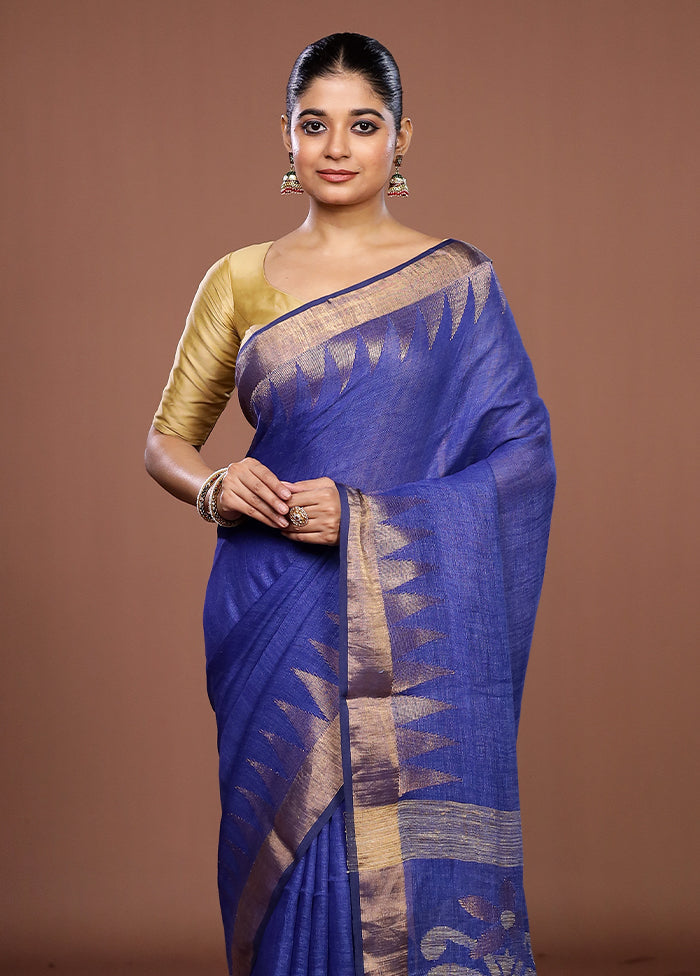 Blue Linen Silk Saree With Blouse Piece