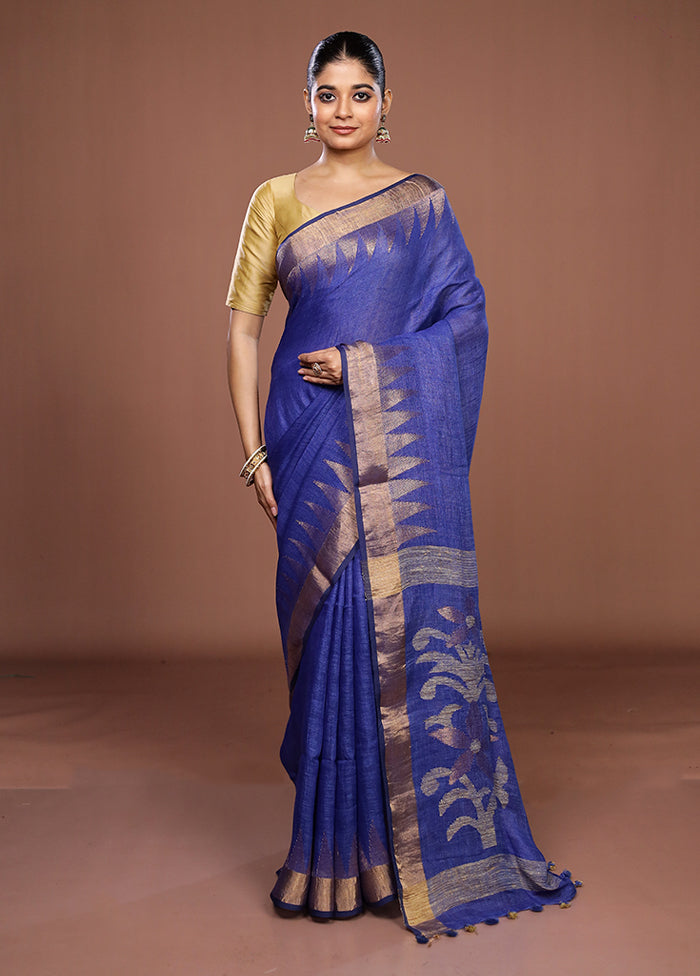 Blue Linen Silk Saree With Blouse Piece