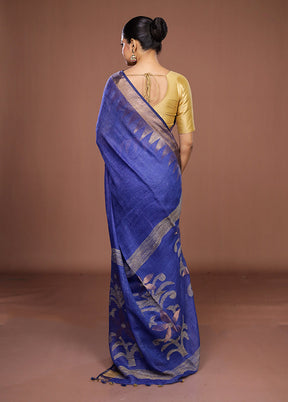 Blue Linen Silk Saree With Blouse Piece