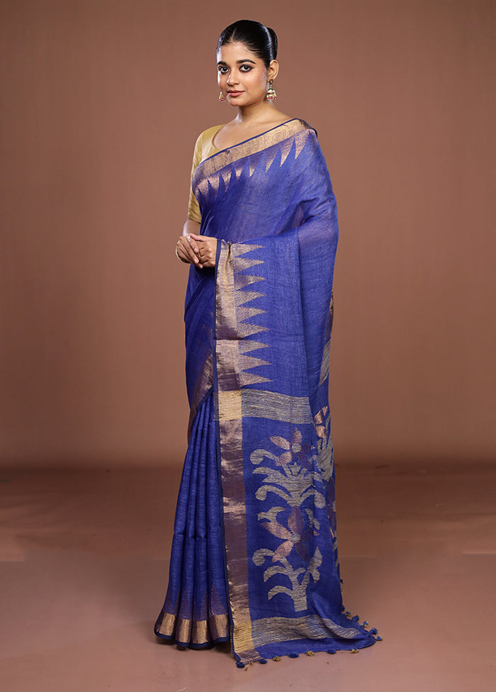Blue Linen Silk Saree With Blouse Piece