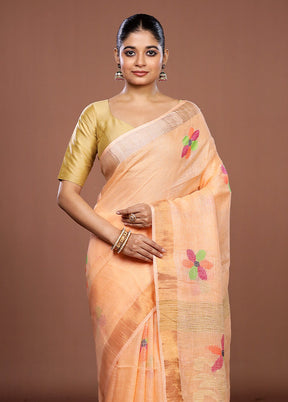 Peach Linen Silk Saree With Blouse Piece