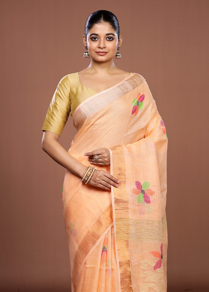 Peach Linen Silk Saree With Blouse Piece