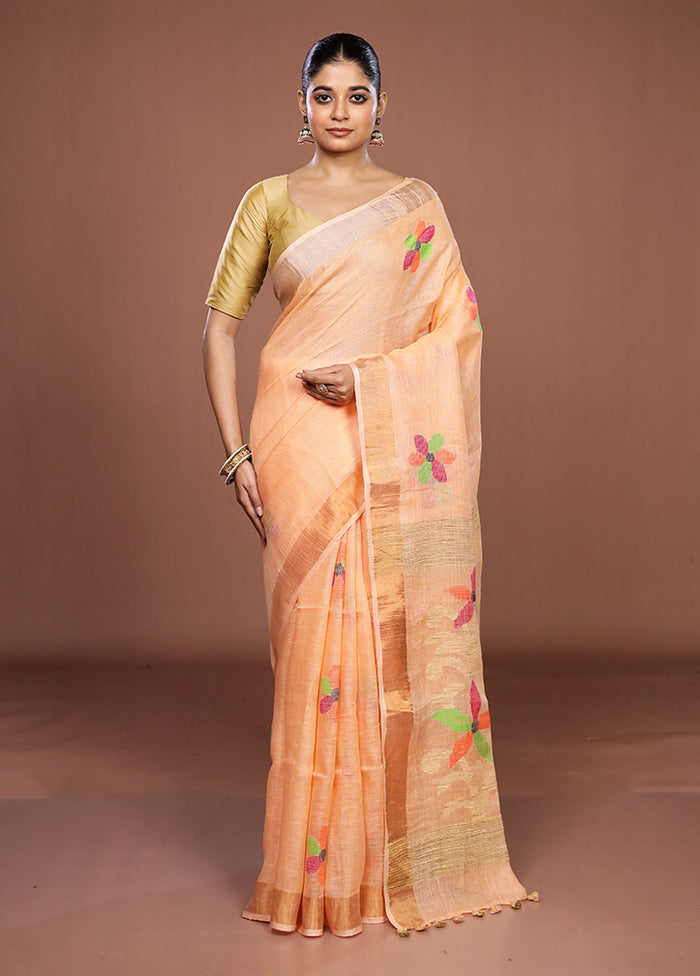 Peach Linen Silk Saree With Blouse Piece