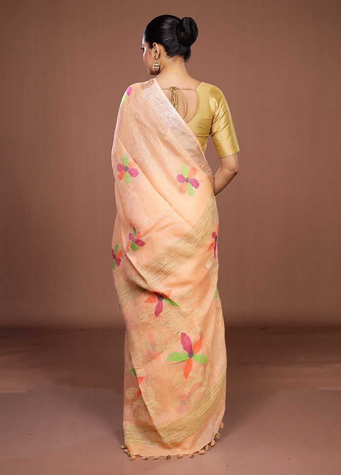 Peach Linen Silk Saree With Blouse Piece