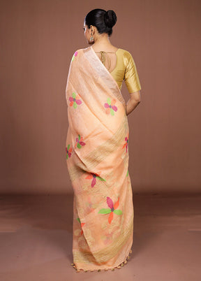 Peach Linen Silk Saree With Blouse Piece