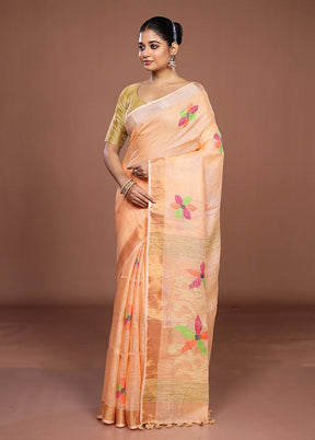 Peach Linen Silk Saree With Blouse Piece