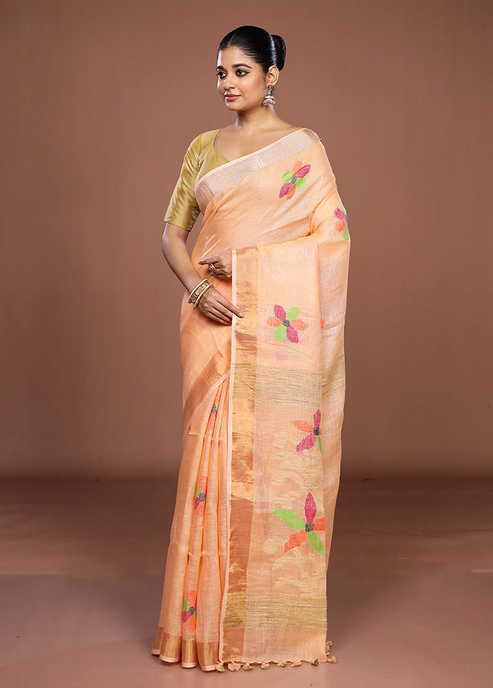 Peach Linen Silk Saree With Blouse Piece