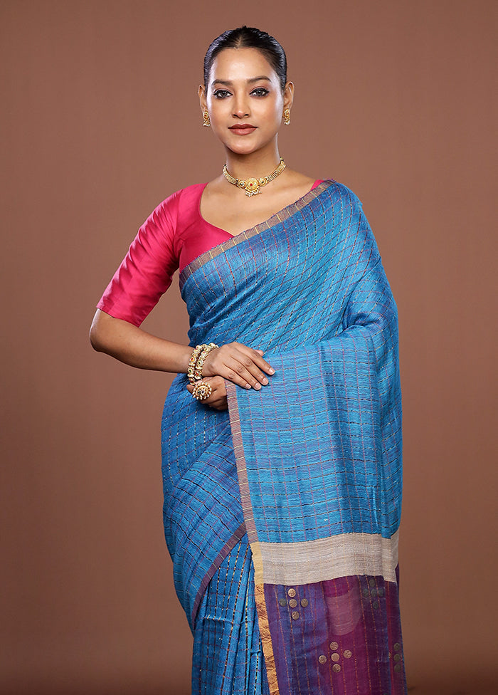 Blue Handloom Matka Pure Silk Saree With Blouse Piece