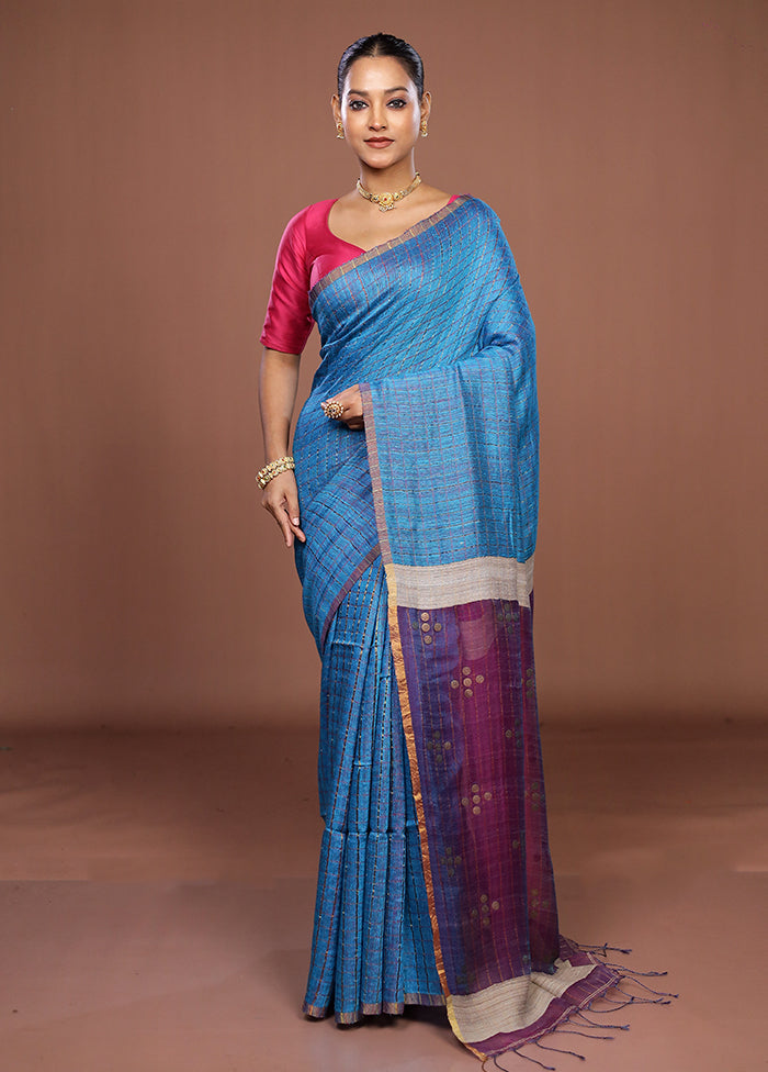 Blue Handloom Matka Pure Silk Saree With Blouse Piece