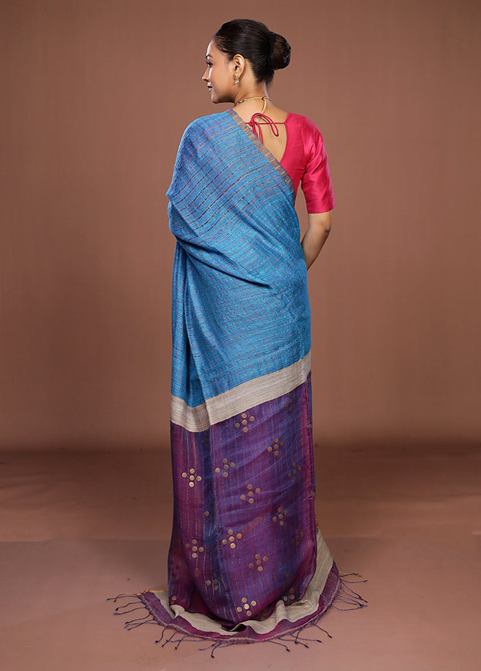 Blue Handloom Matka Pure Silk Saree With Blouse Piece