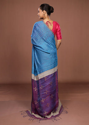 Blue Handloom Matka Pure Silk Saree With Blouse Piece