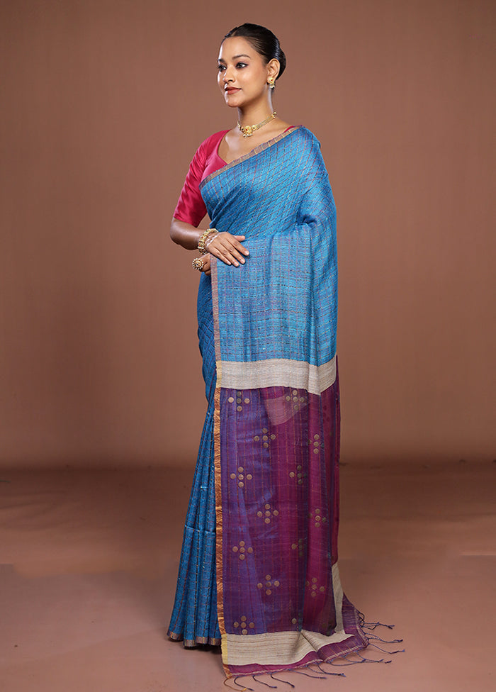 Blue Handloom Matka Pure Silk Saree With Blouse Piece