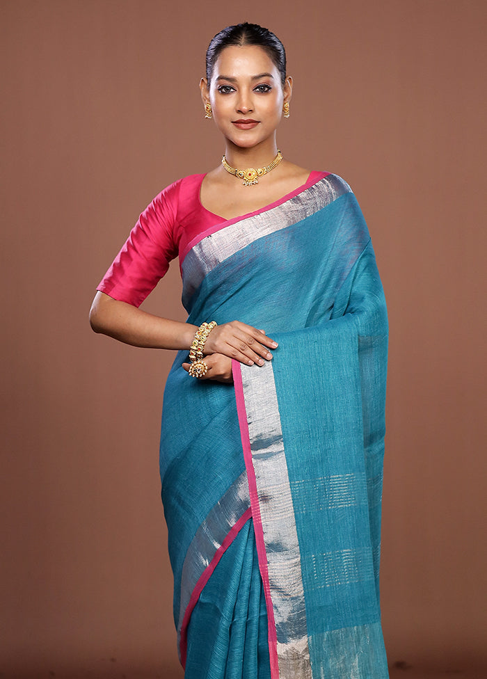 Blue Linen Silk Saree With Blouse Piece