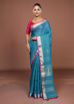 Blue Linen Silk Saree With Blouse Piece