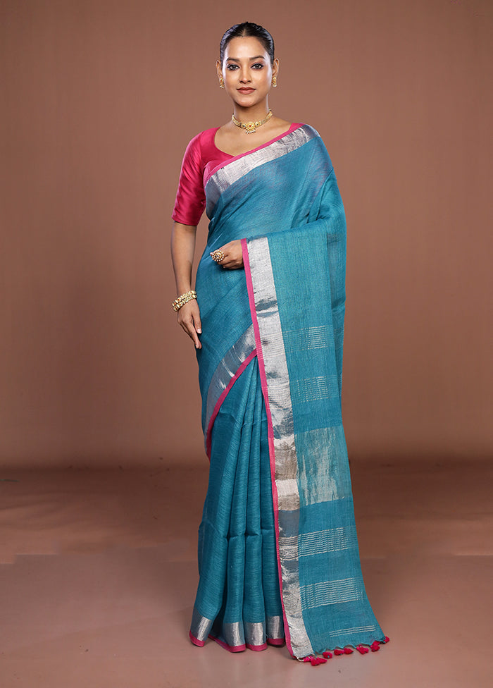 Blue Linen Silk Saree With Blouse Piece