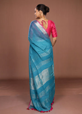 Blue Linen Silk Saree With Blouse Piece