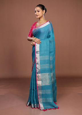 Blue Linen Silk Saree With Blouse Piece