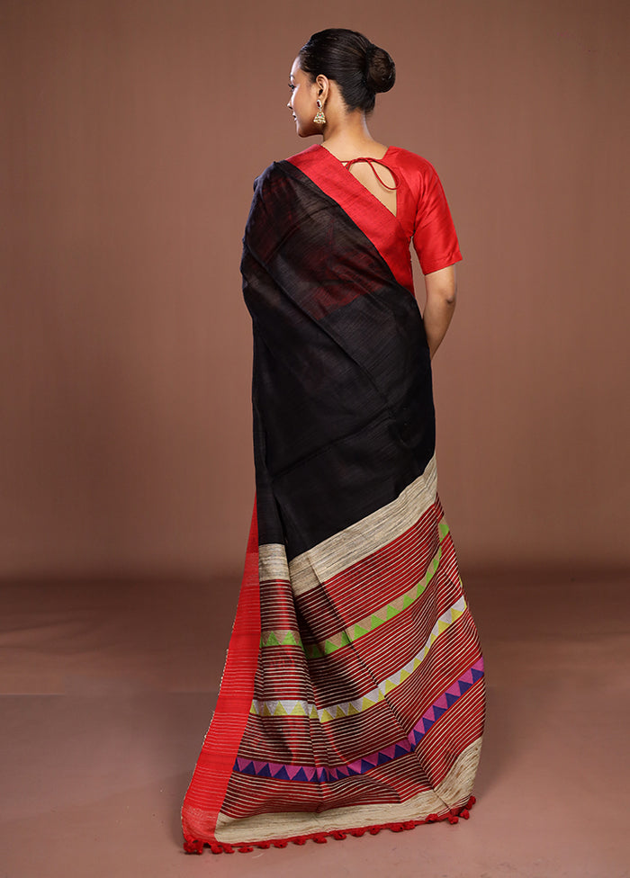 Black Handloom Matka Pure Silk Saree With Blouse Piece