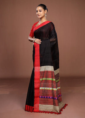 Black Handloom Matka Pure Silk Saree With Blouse Piece