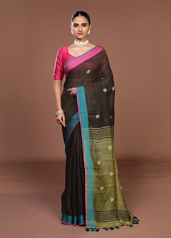 Green Linen Silk Saree With Blouse Piece