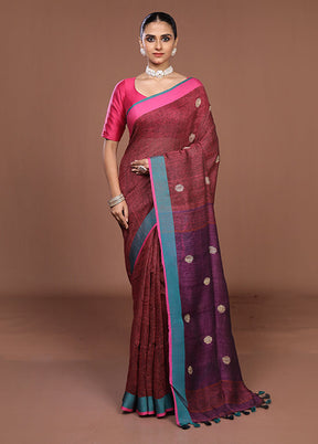 Purple Linen Silk Saree With Blouse Piece