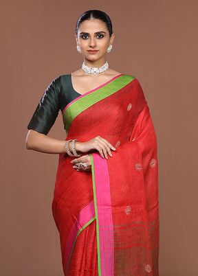 Red Linen Silk Saree With Blouse Piece