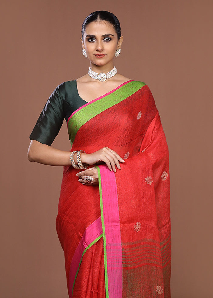 Red Linen Silk Saree With Blouse Piece