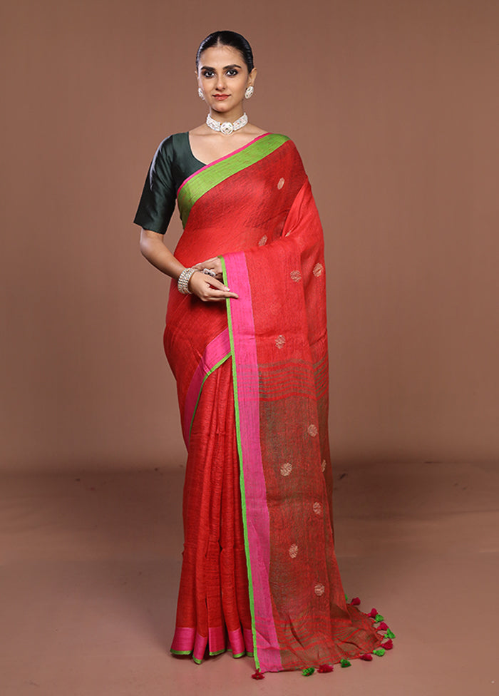 Red Linen Silk Saree With Blouse Piece