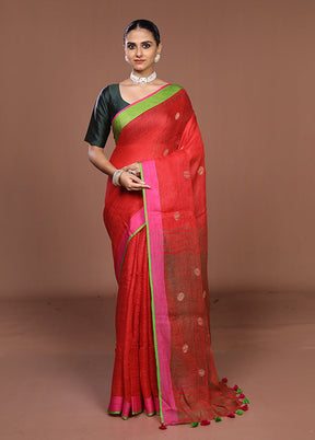 Red Linen Silk Saree With Blouse Piece