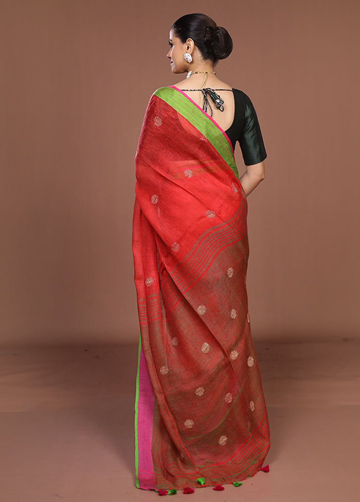 Red Linen Silk Saree With Blouse Piece