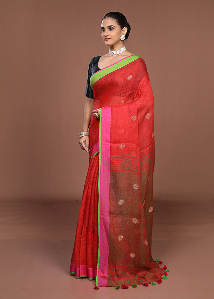 Red Linen Silk Saree With Blouse Piece