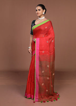 Red Linen Silk Saree With Blouse Piece