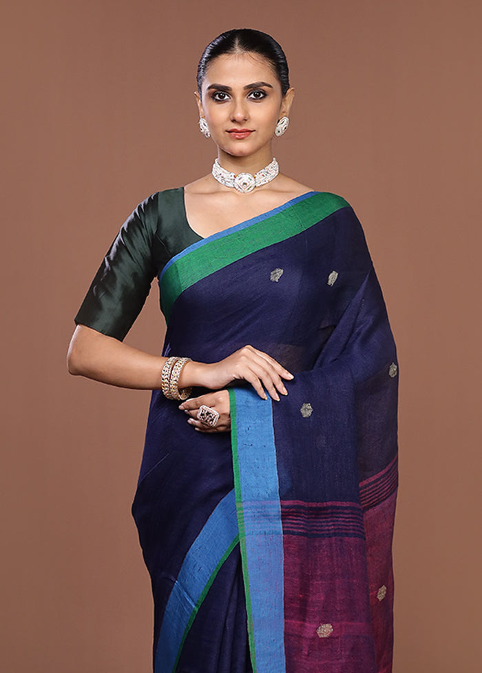 Blue Linen Silk Saree With Blouse Piece