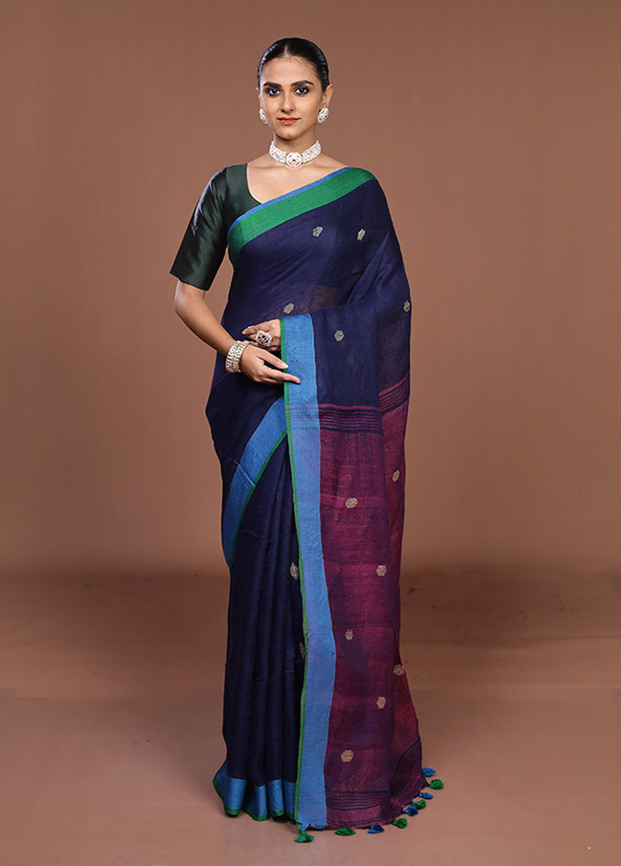 Blue Linen Silk Saree With Blouse Piece