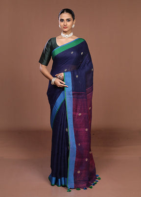 Blue Linen Silk Saree With Blouse Piece