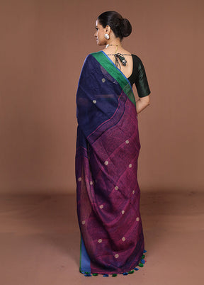 Blue Linen Silk Saree With Blouse Piece