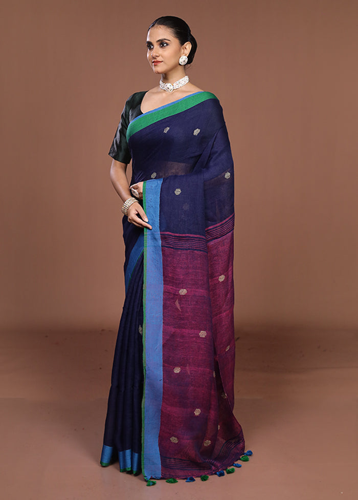 Blue Linen Silk Saree With Blouse Piece